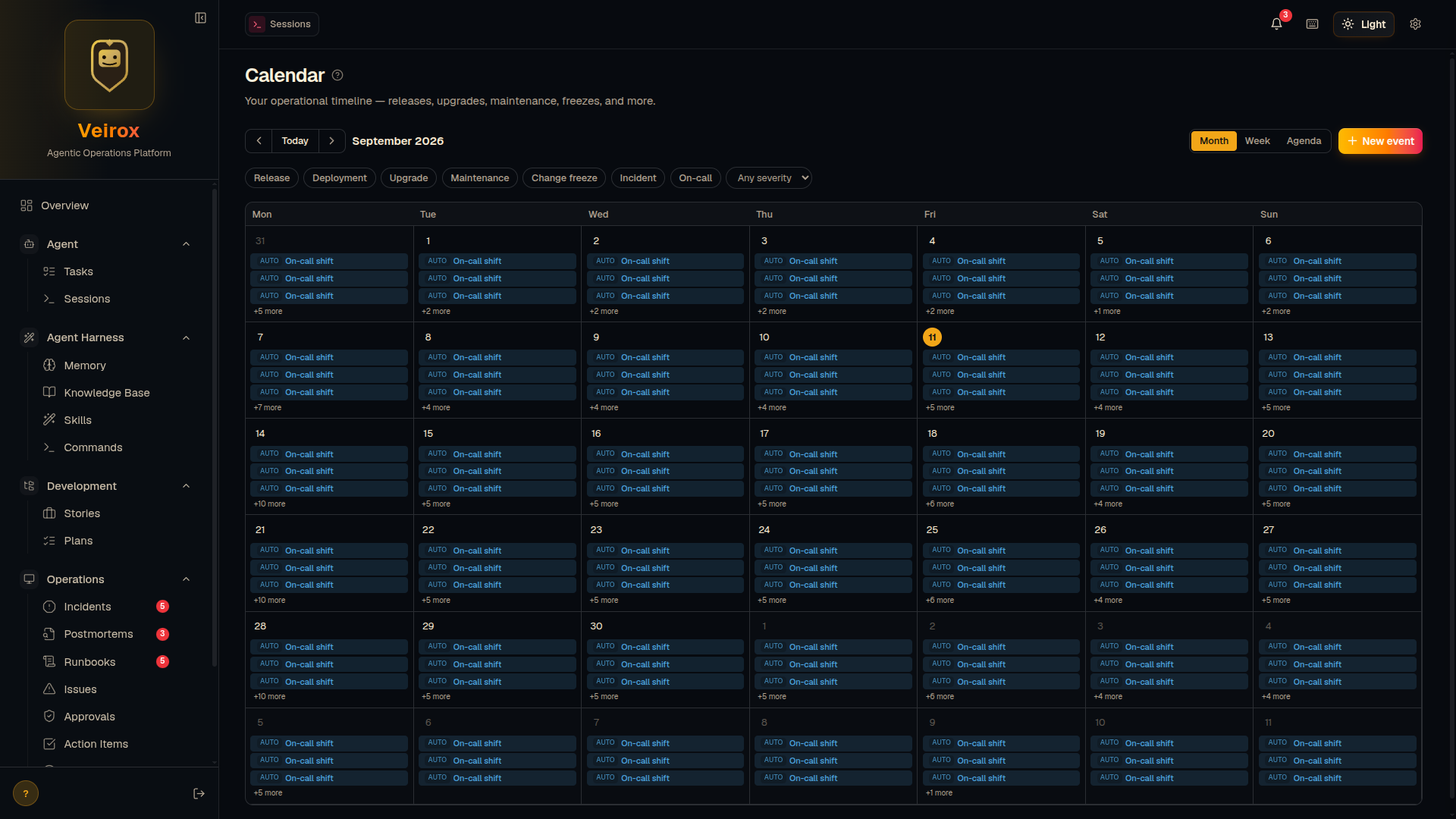 Veirox console showing the operational calendar