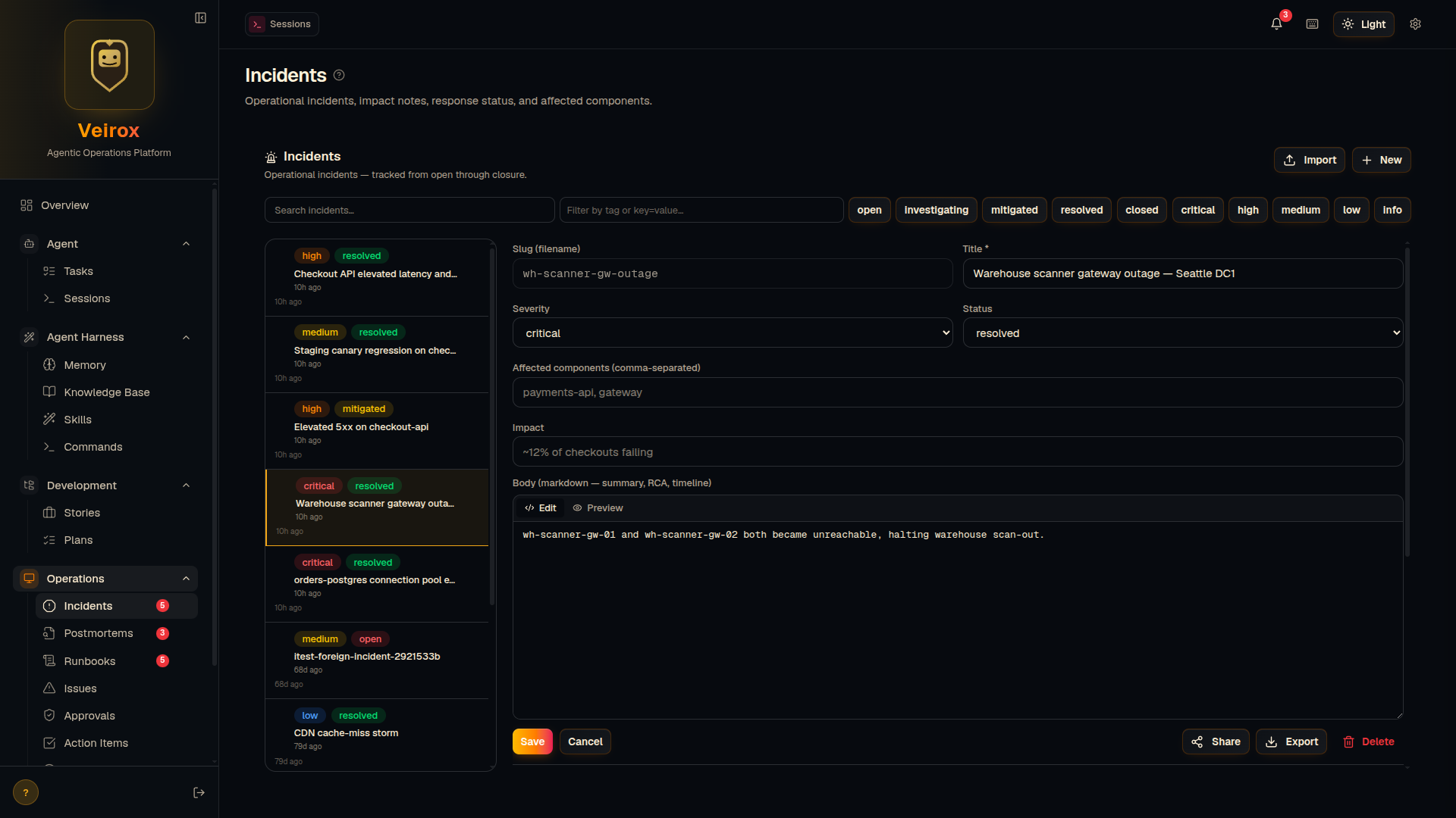 Veirox console showing a resolved incident's command center — timeline, decisions, and details